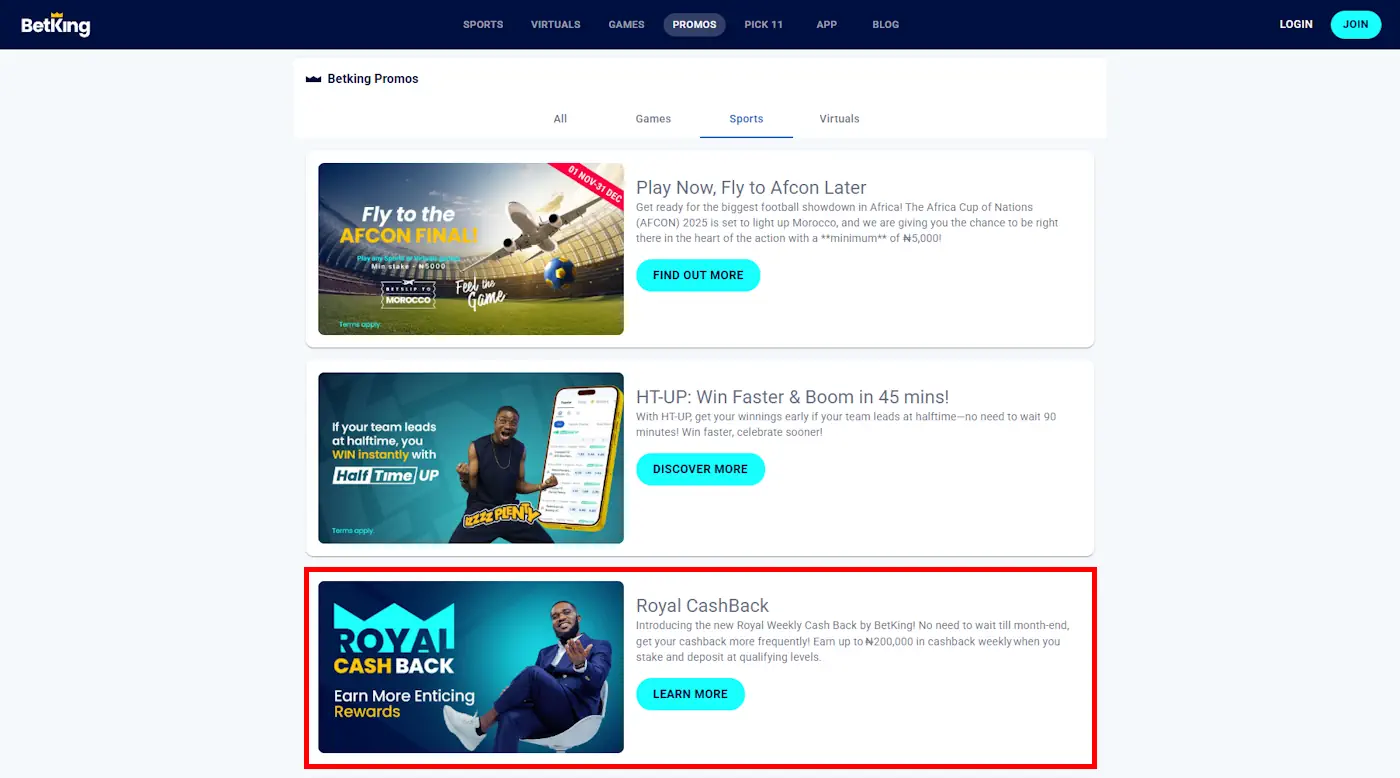 Live Beting BetKing Royal Cashback Screenshot